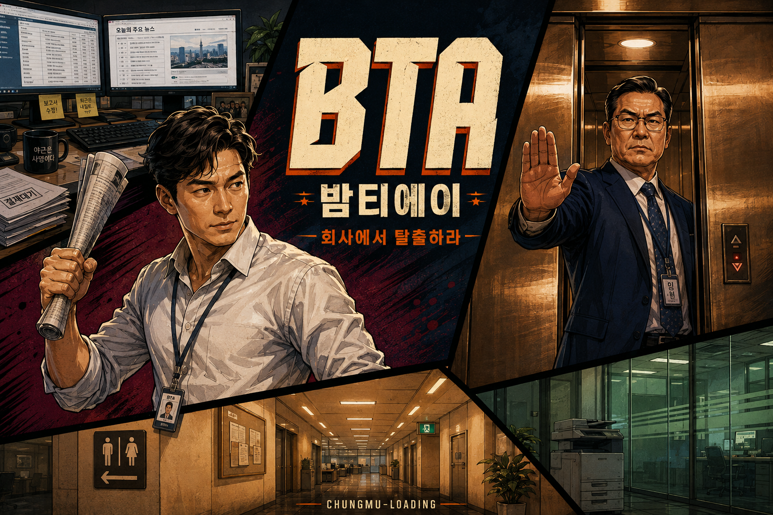 BTA 밤티에이 — 회사에서 탈출하라. 신문을 든 직장인과 엘리베이터를 막는 국장.