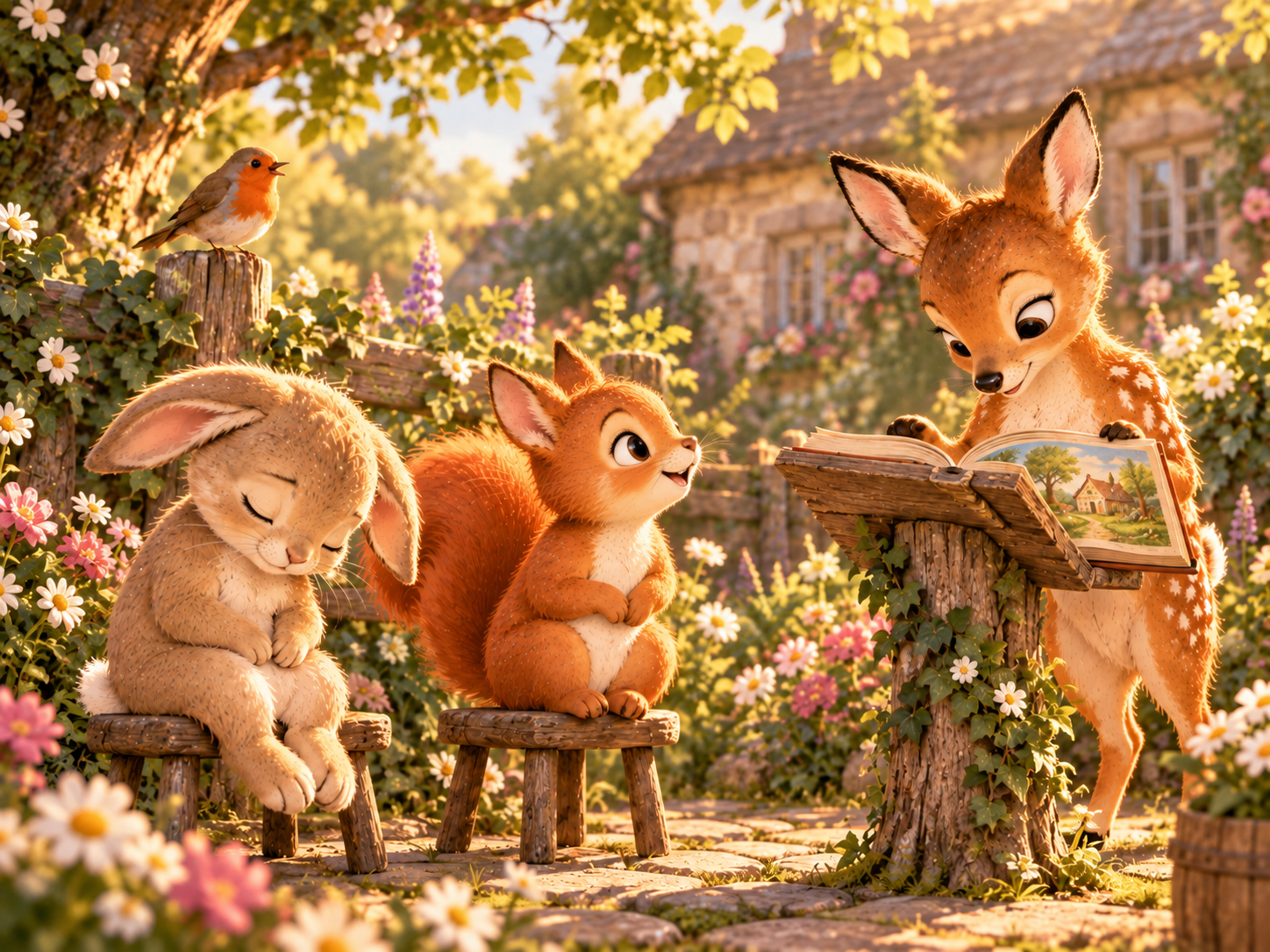 사슴이 책을 읽어 주는 동안 의자에 앉은 토끼가 고개를 떨구며 조는 동물들