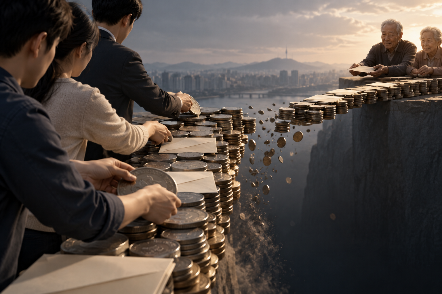 젊은 세대가 절벽 너머 노년 세대에게 동전을 건네는 모습, 그 사이로 동전이 떨어지는 장면
