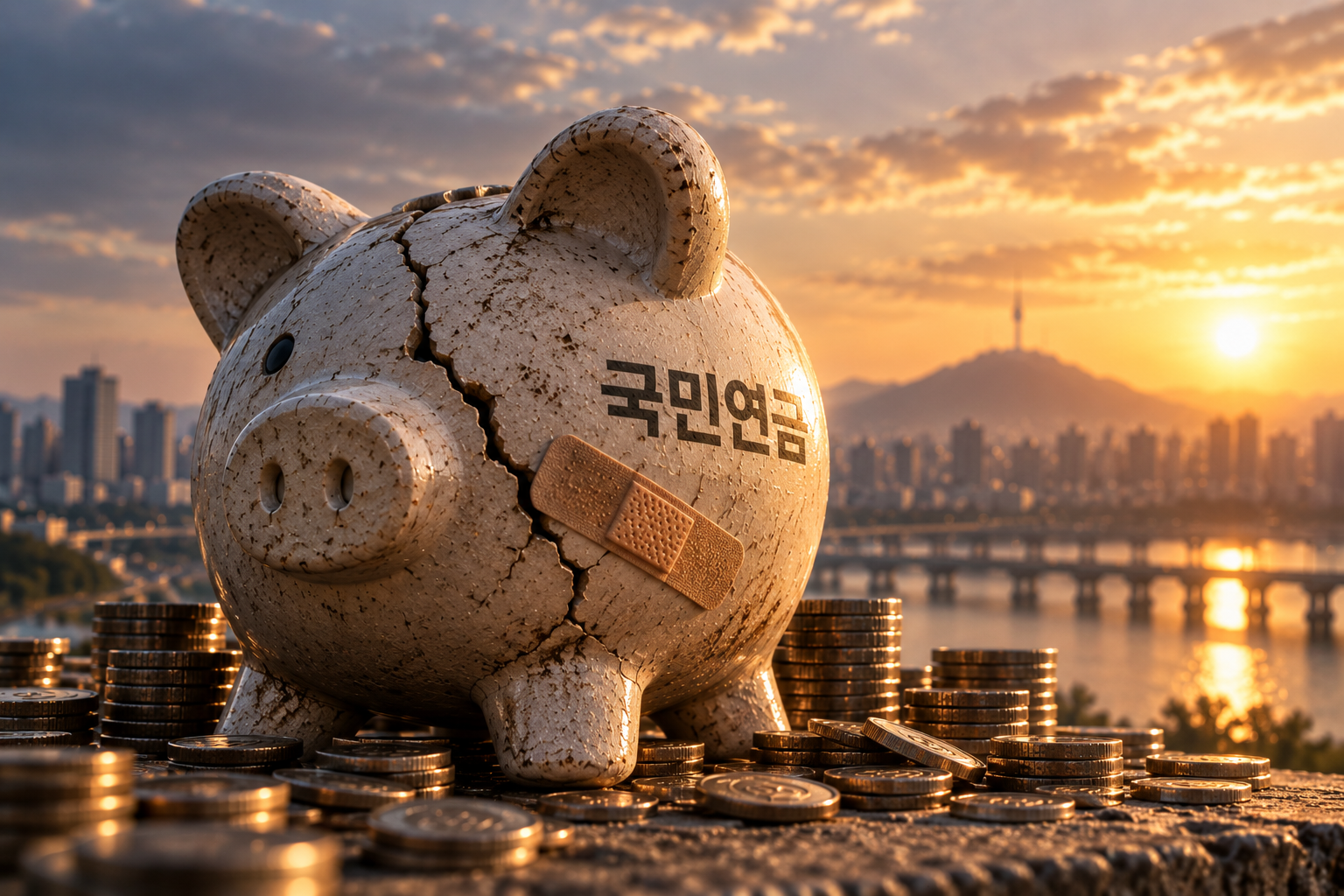 「국민연금」이라 적히고 금이 간 뒤 반창고가 붙은 돼지저금통, 뒤로 노을 진 서울 스카이라인